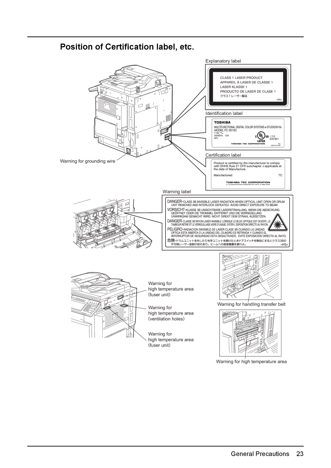 Toshiba 3510C manual Position of Certification label, etc 