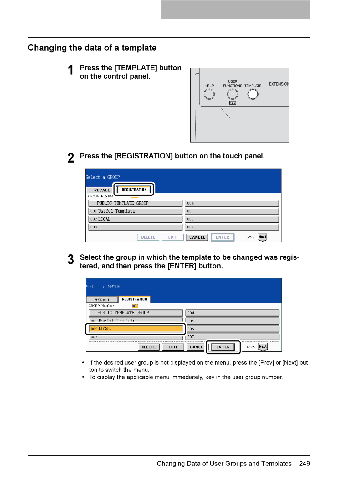 Toshiba 3510C manual Changing the data of a template 