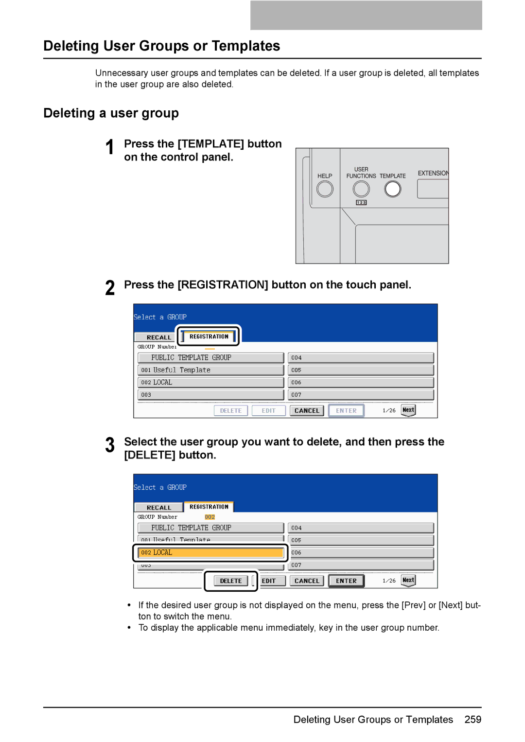 Toshiba 3510C manual Deleting User Groups or Templates, Deleting a user group 