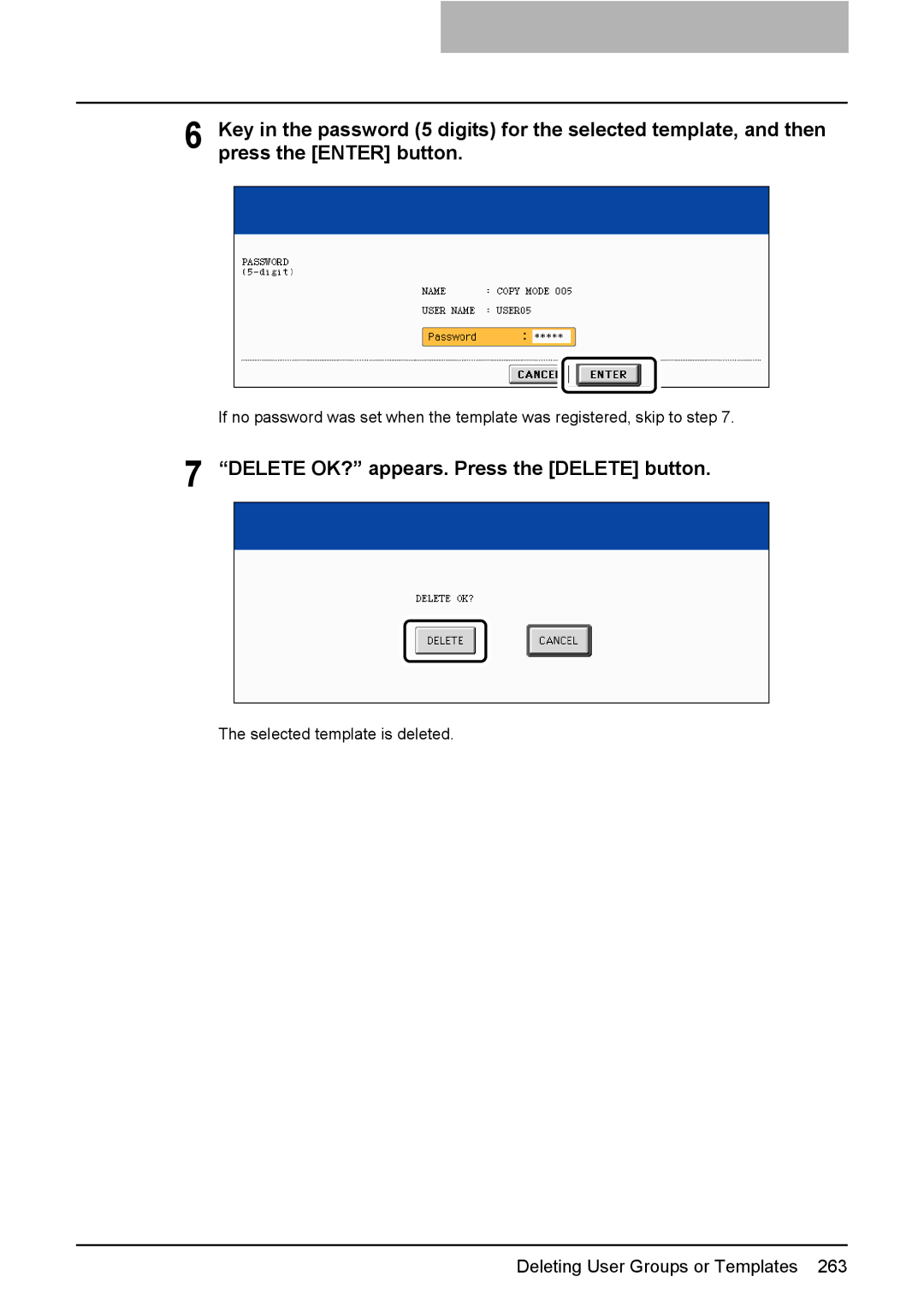 Toshiba 3510C manual Selected template is deleted 