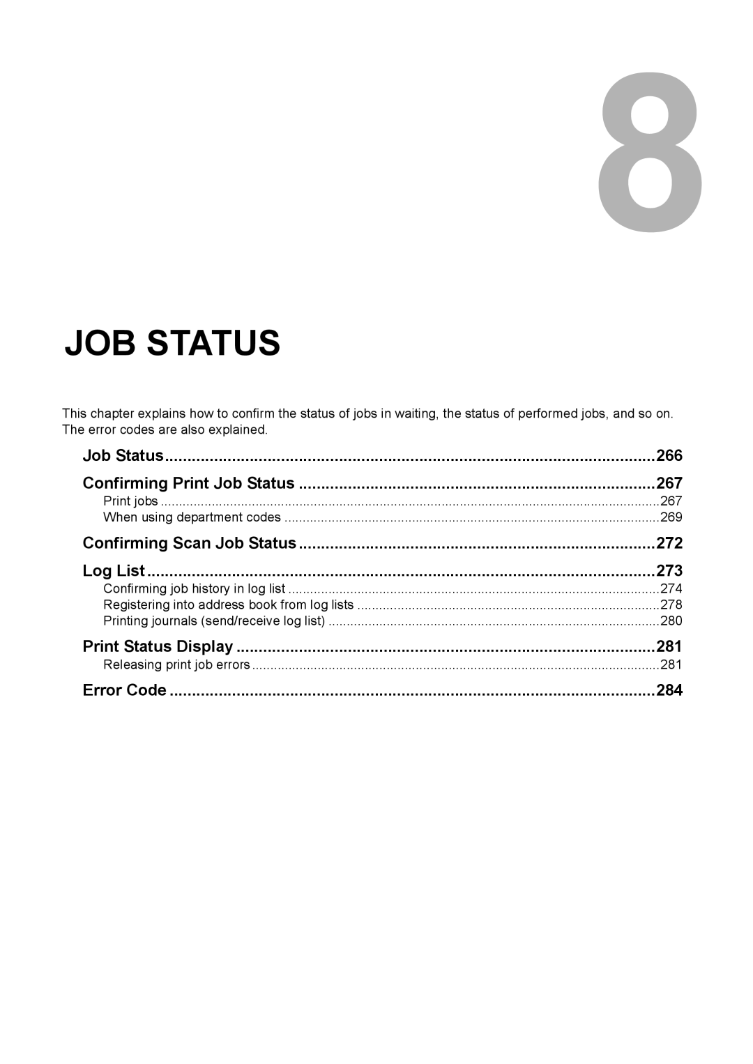 Toshiba 3510C Job Status 266 Confirming Print Job Status 267, Confirming Scan Job Status 272 Log List 273, Error Code 284 