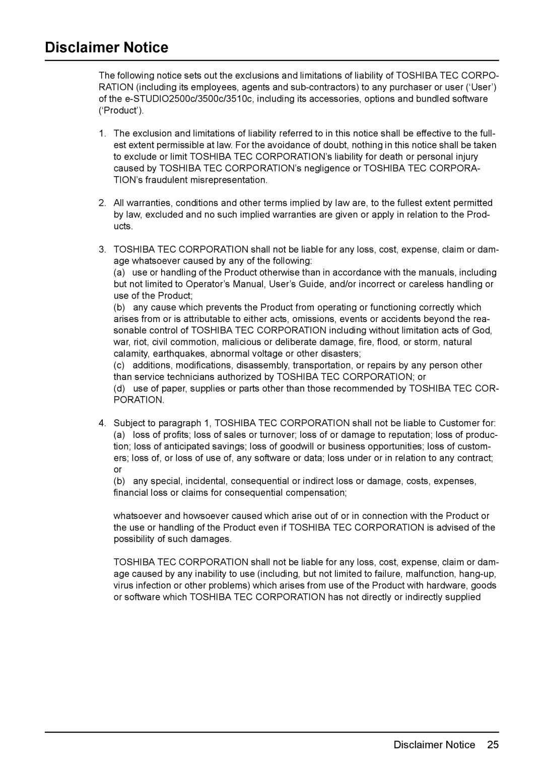 Toshiba 3510C manual Disclaimer Notice, Poration 