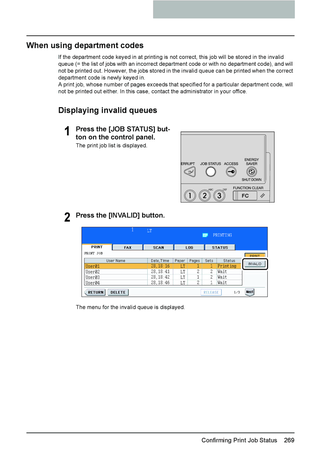 Toshiba 3510C manual When using department codes, Displaying invalid queues, Press the Invalid button 