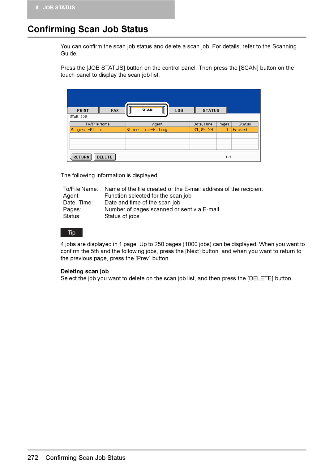 Toshiba 3510C manual Confirming Scan Job Status, Deleting scan job 