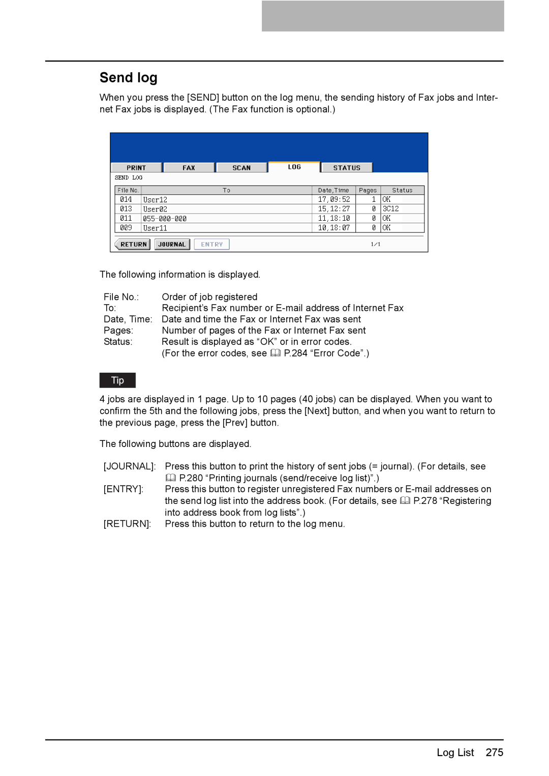 Toshiba 3510C manual Send log, Journal 