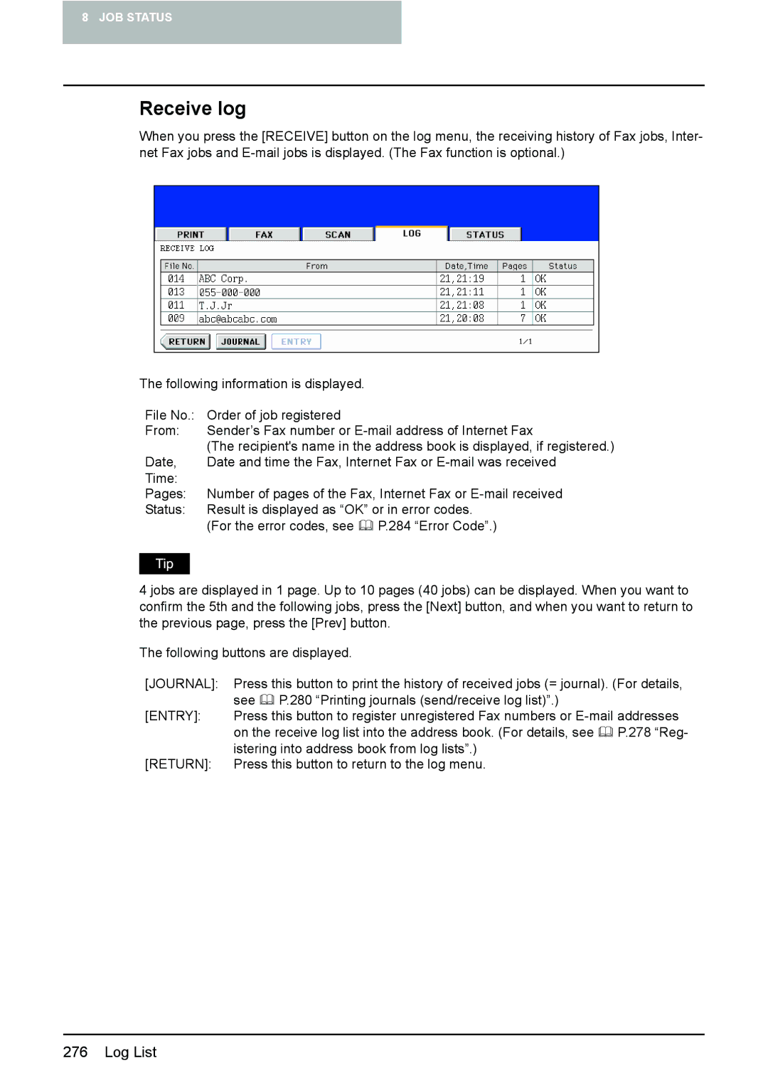 Toshiba 3510C manual Receive log 