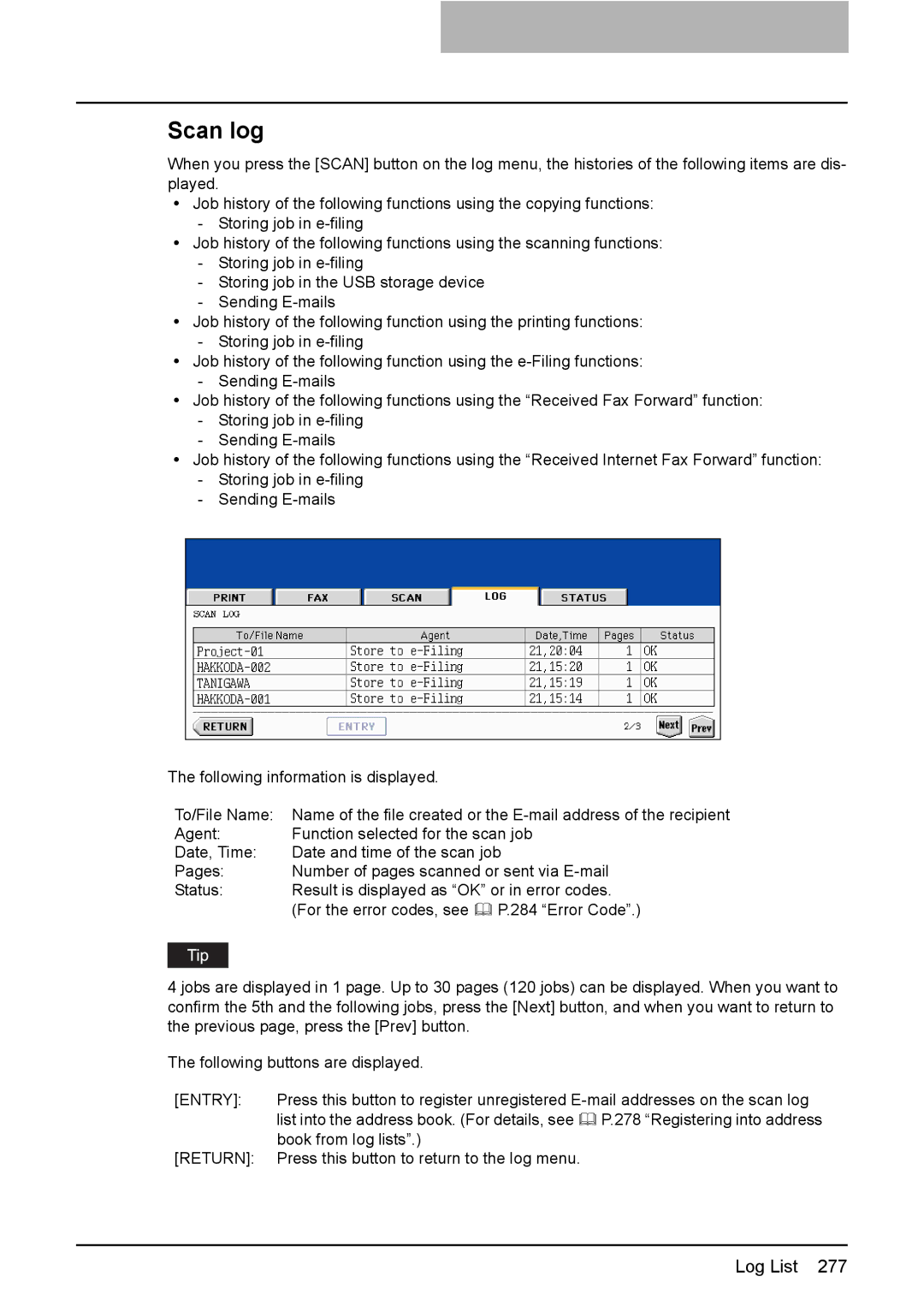 Toshiba 3510C manual Scan log 