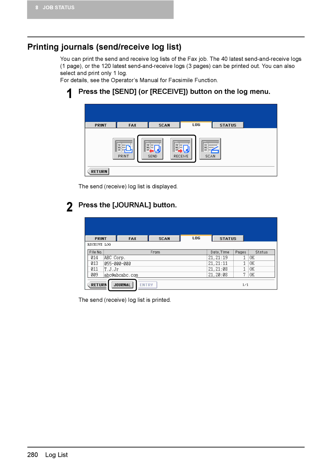 Toshiba 3510C manual Printing journals send/receive log list, Press the Send or Receive button on the log menu 