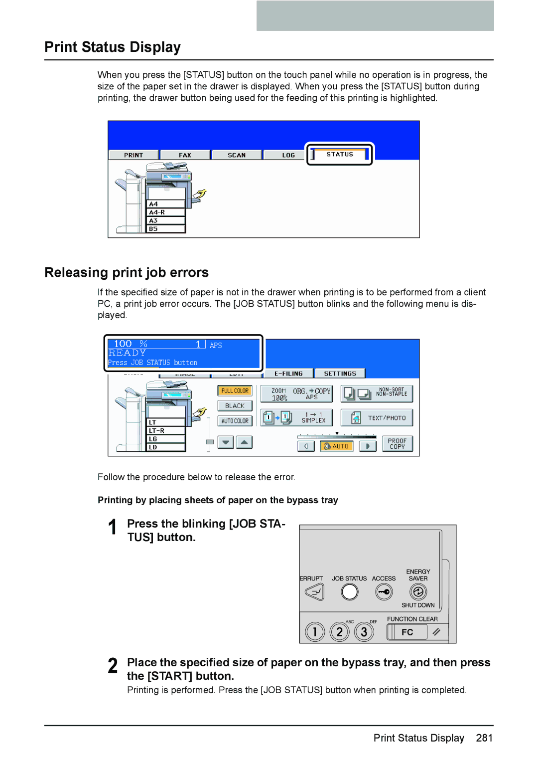 Toshiba 3510C manual Print Status Display, Releasing print job errors, Press the blinking JOB STA- TUS button, Start button 