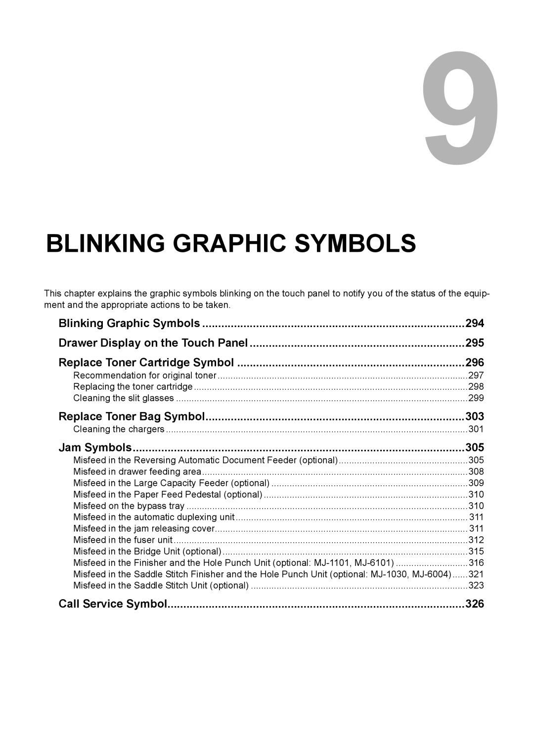 Toshiba 3510C manual Blinking Graphic Symbols 294, 295, Replace Toner Cartridge Symbol 296, Replace Toner Bag Symbol 303 