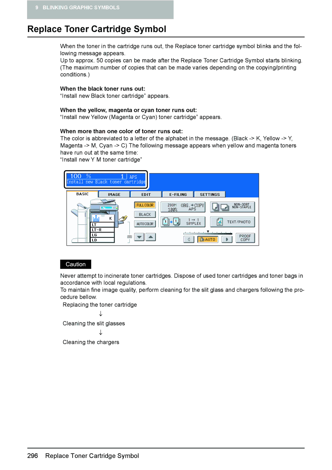 Toshiba 3510C Replace Toner Cartridge Symbol, When the black toner runs out, When more than one color of toner runs out 