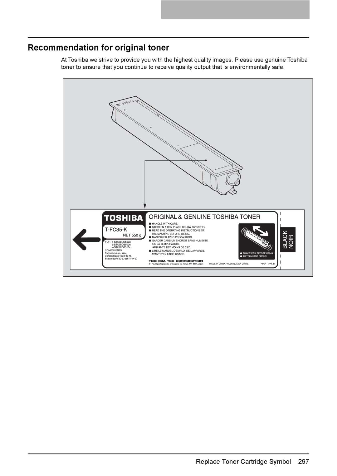 Toshiba 3510C manual Recommendation for original toner 