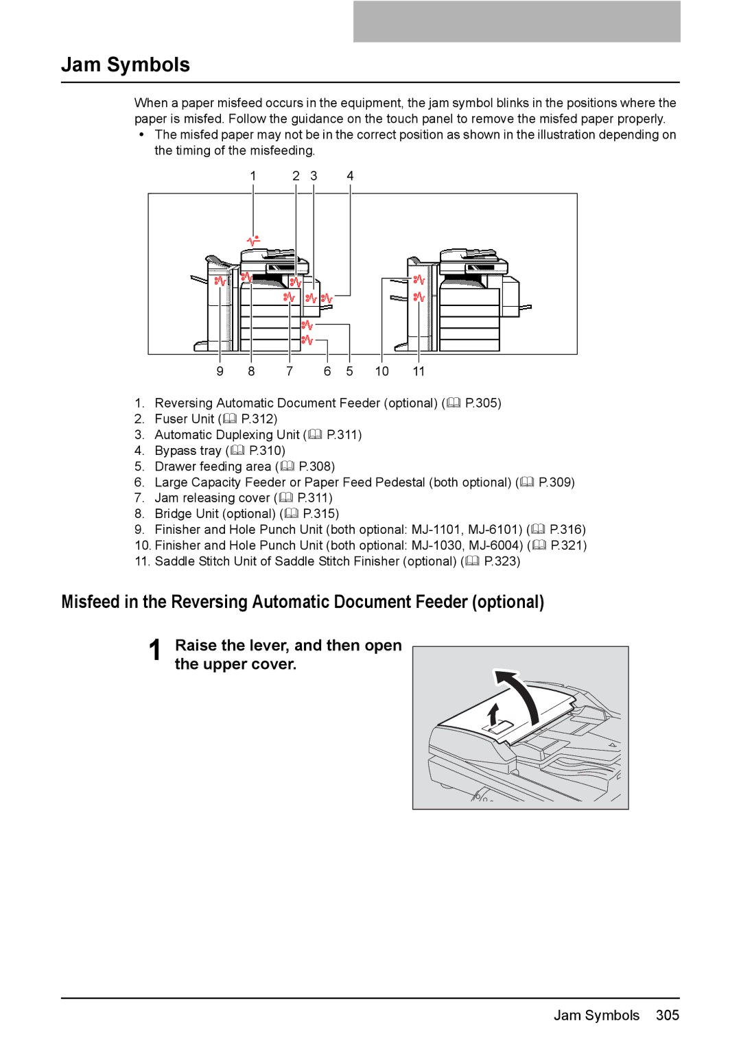 Toshiba 3510C manual Jam Symbols, Misfeed in the Reversing Automatic Document Feeder optional 