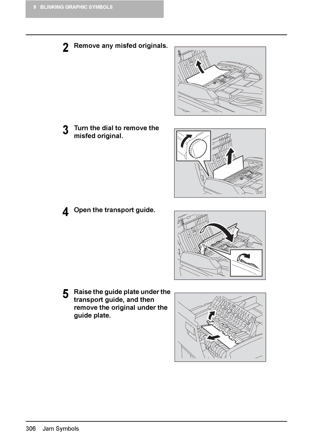 Toshiba 3510C manual Transport guide, and then, Remove the original under the guide plate, Raise the guide plate under 