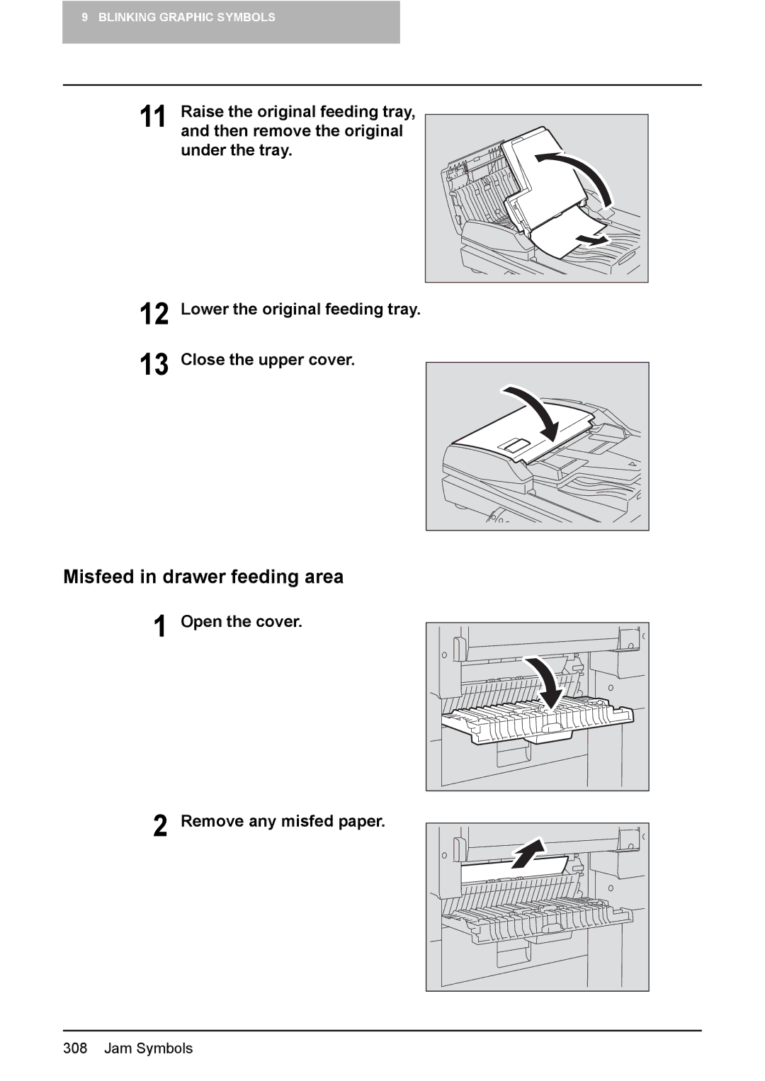 Toshiba 3510C manual Misfeed in drawer feeding area, Open the cover Remove any misfed paper 