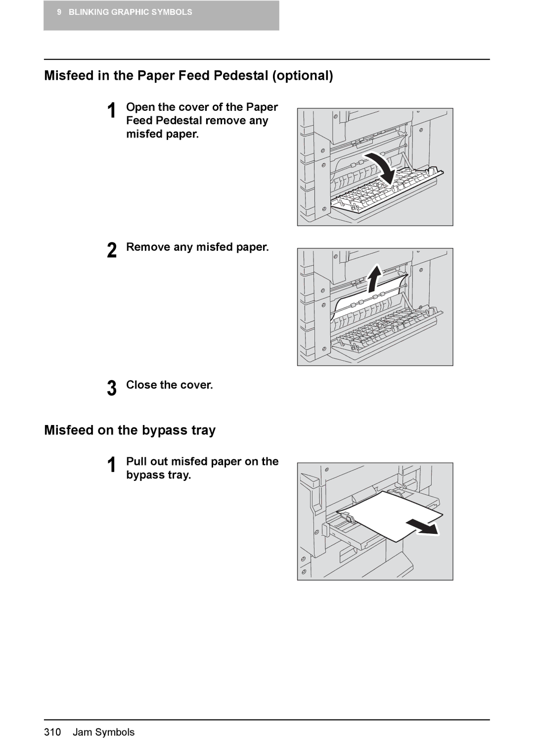 Toshiba 3510C manual Misfeed in the Paper Feed Pedestal optional, Misfeed on the bypass tray 