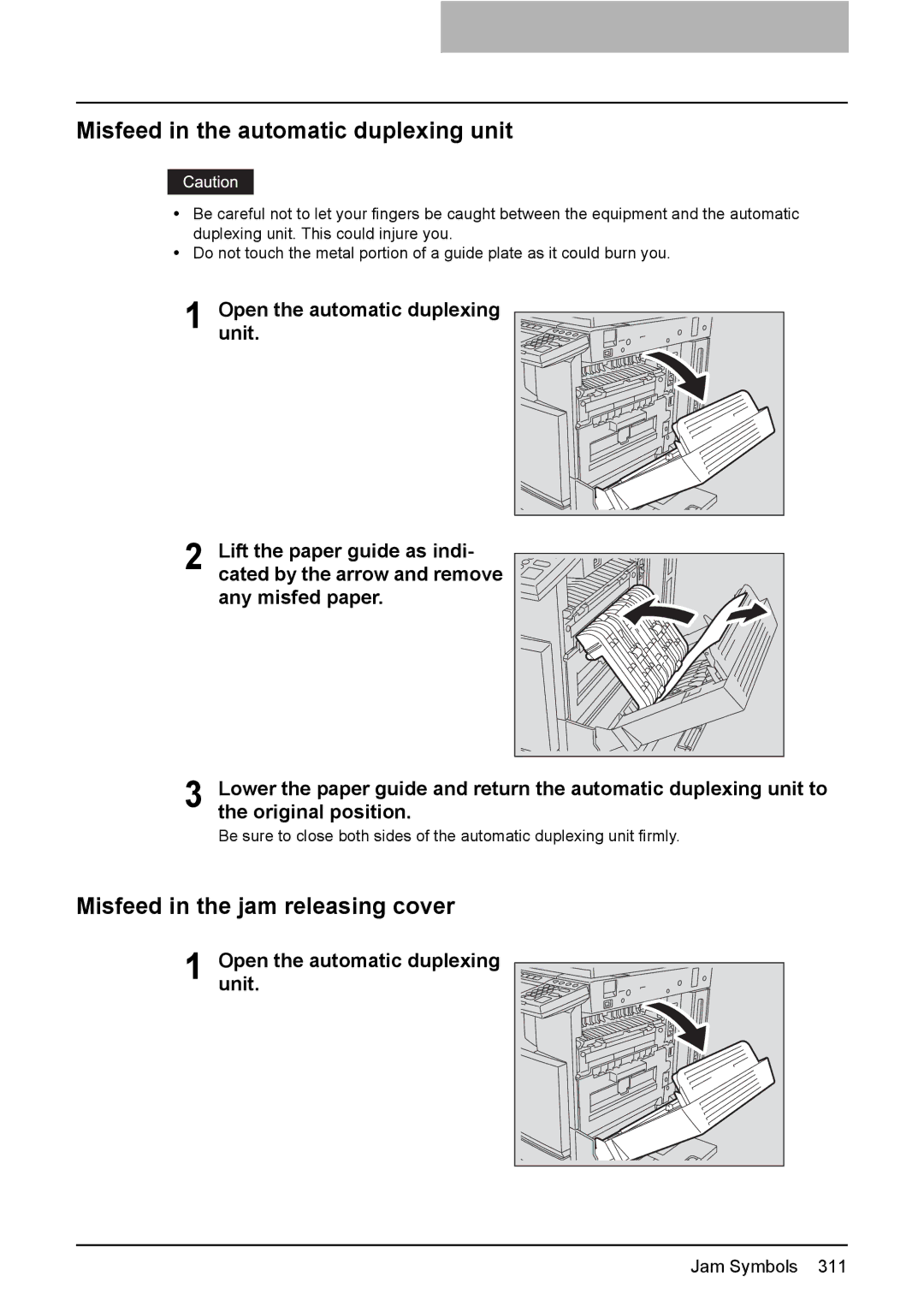 Toshiba 3510C manual Misfeed in the automatic duplexing unit, Misfeed in the jam releasing cover 