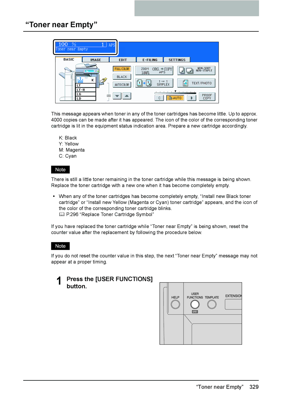 Toshiba 3510C manual Toner near Empty, Press the User Functions button 