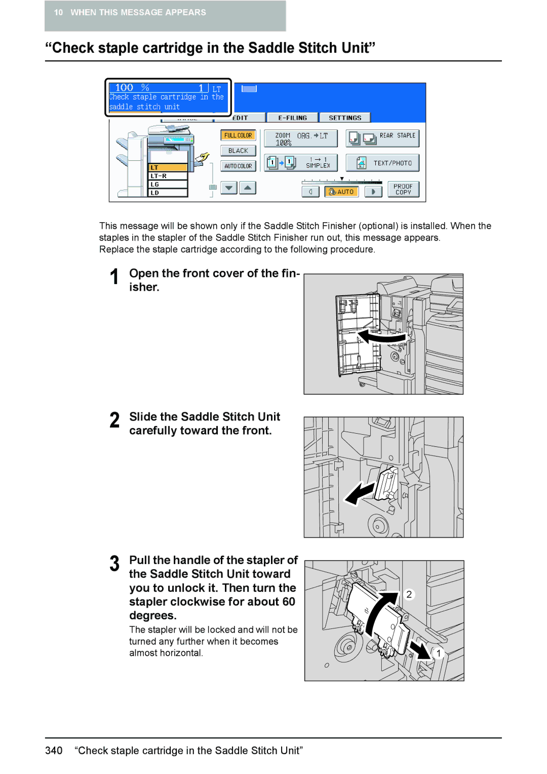 Toshiba 3510C Check staple cartridge in the Saddle Stitch Unit, Saddle Stitch Unit toward, Pull the handle of the stapler 