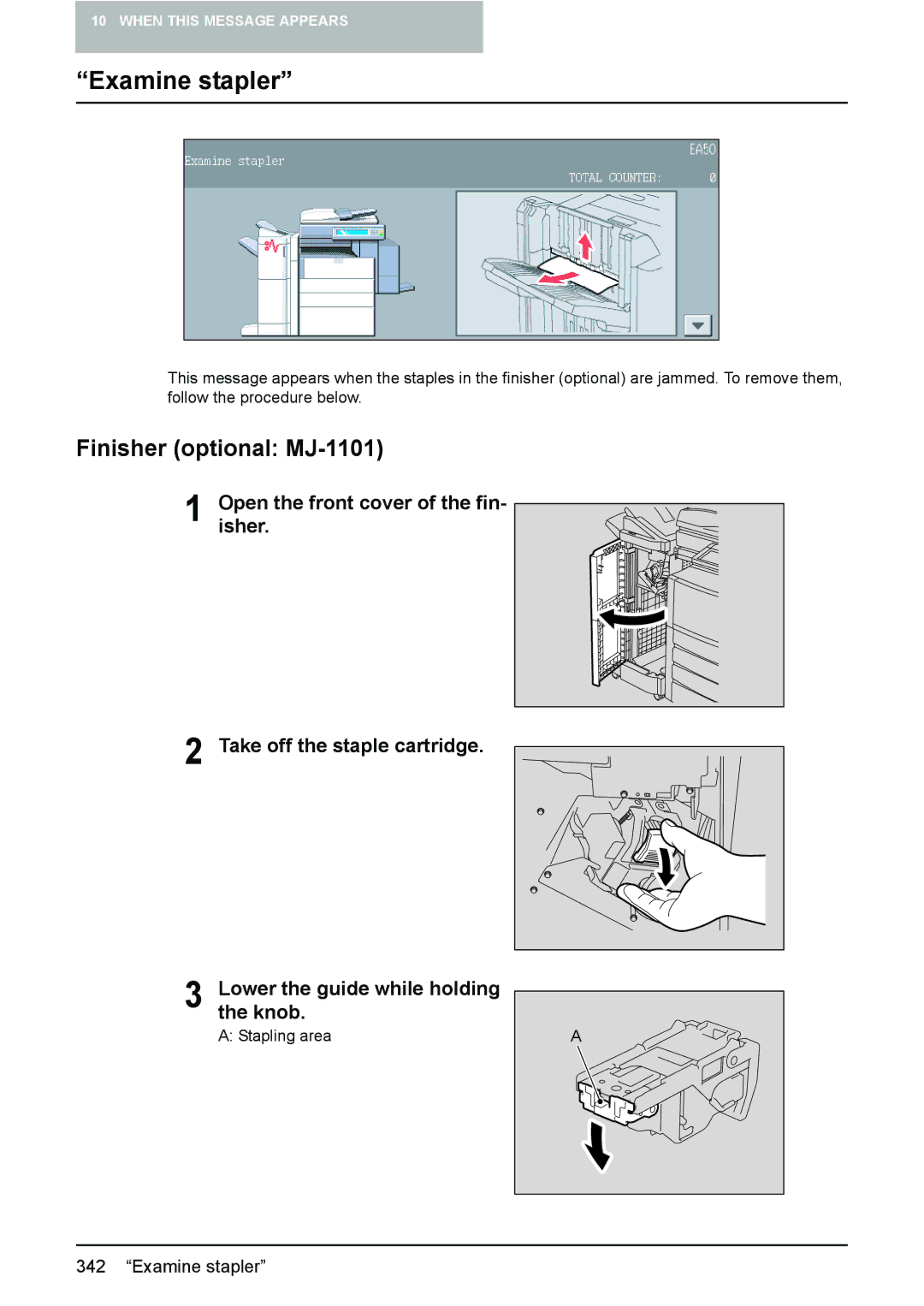 Toshiba 3510C manual Examine stapler, Finisher optional MJ-1101 