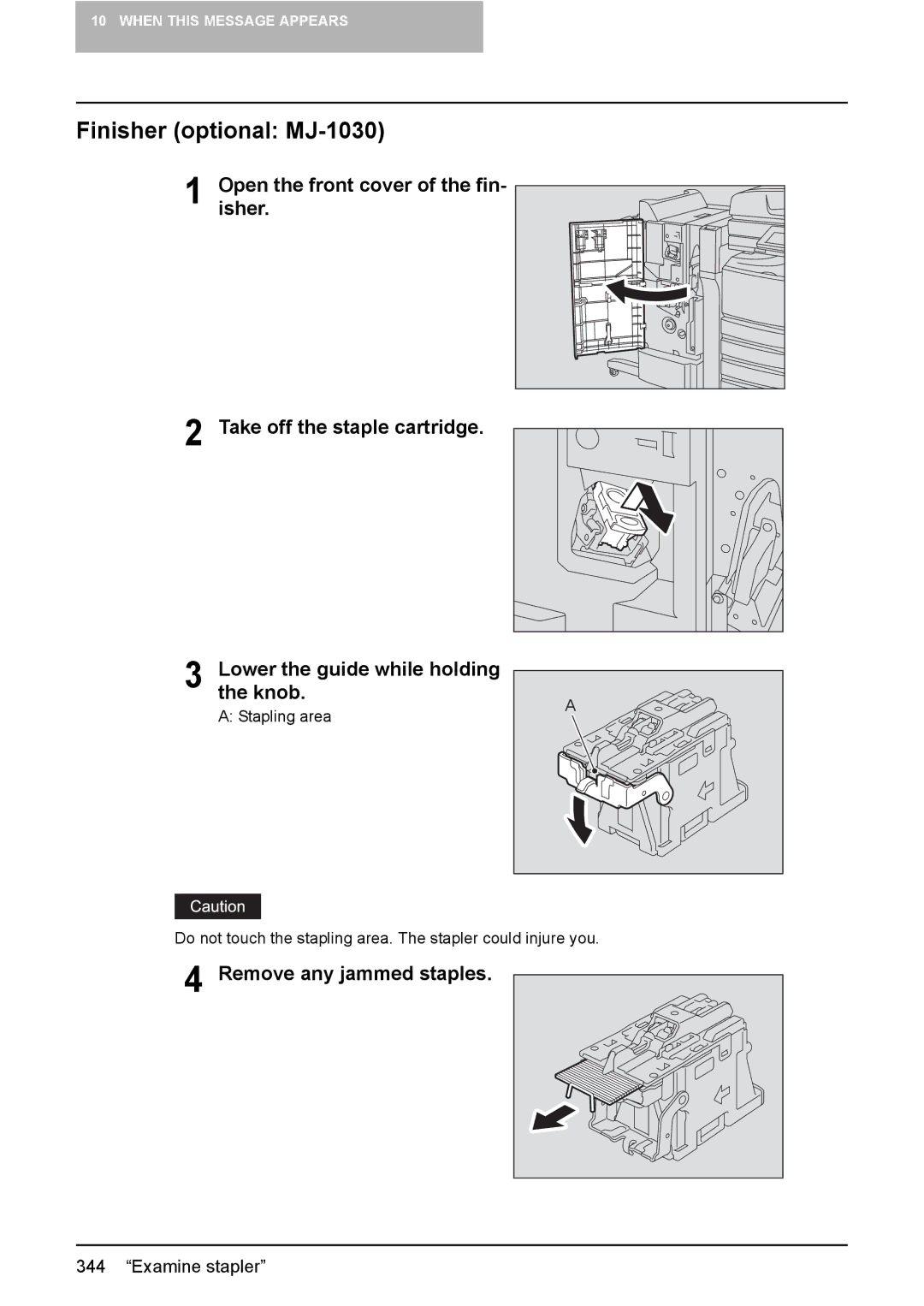 Toshiba 3510C manual Finisher optional MJ-1030, Remove any jammed staples 