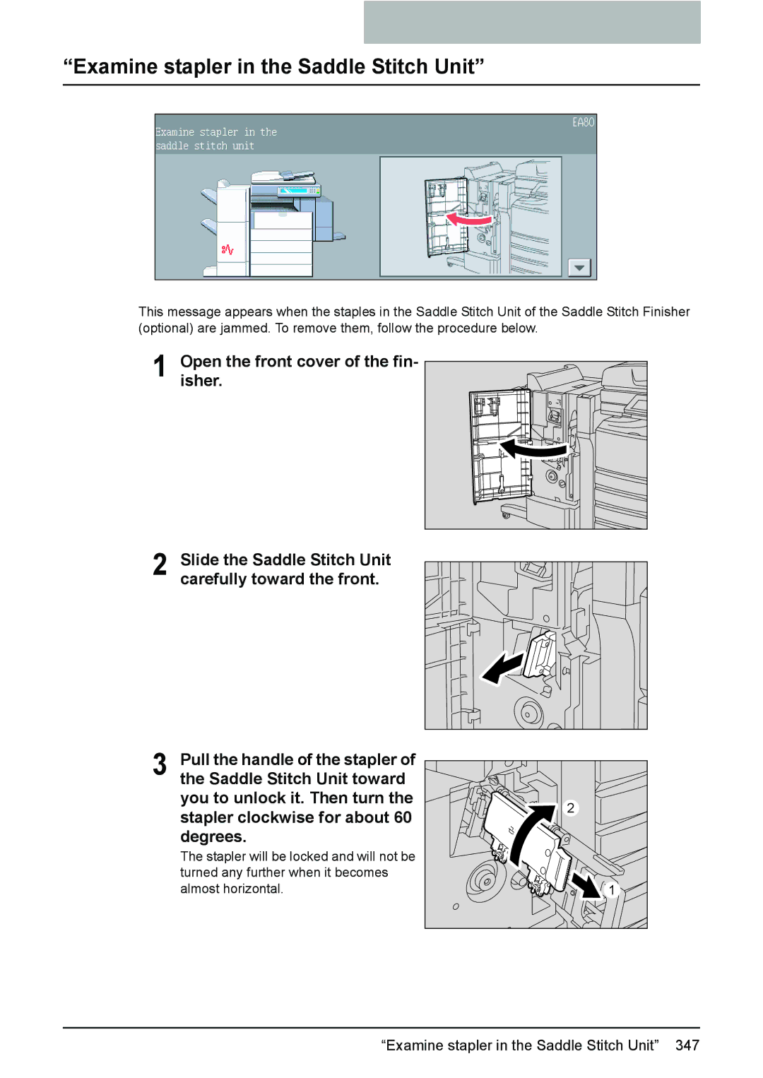 Toshiba 3510C manual Examine stapler in the Saddle Stitch Unit, Pull the handle of the stapler 