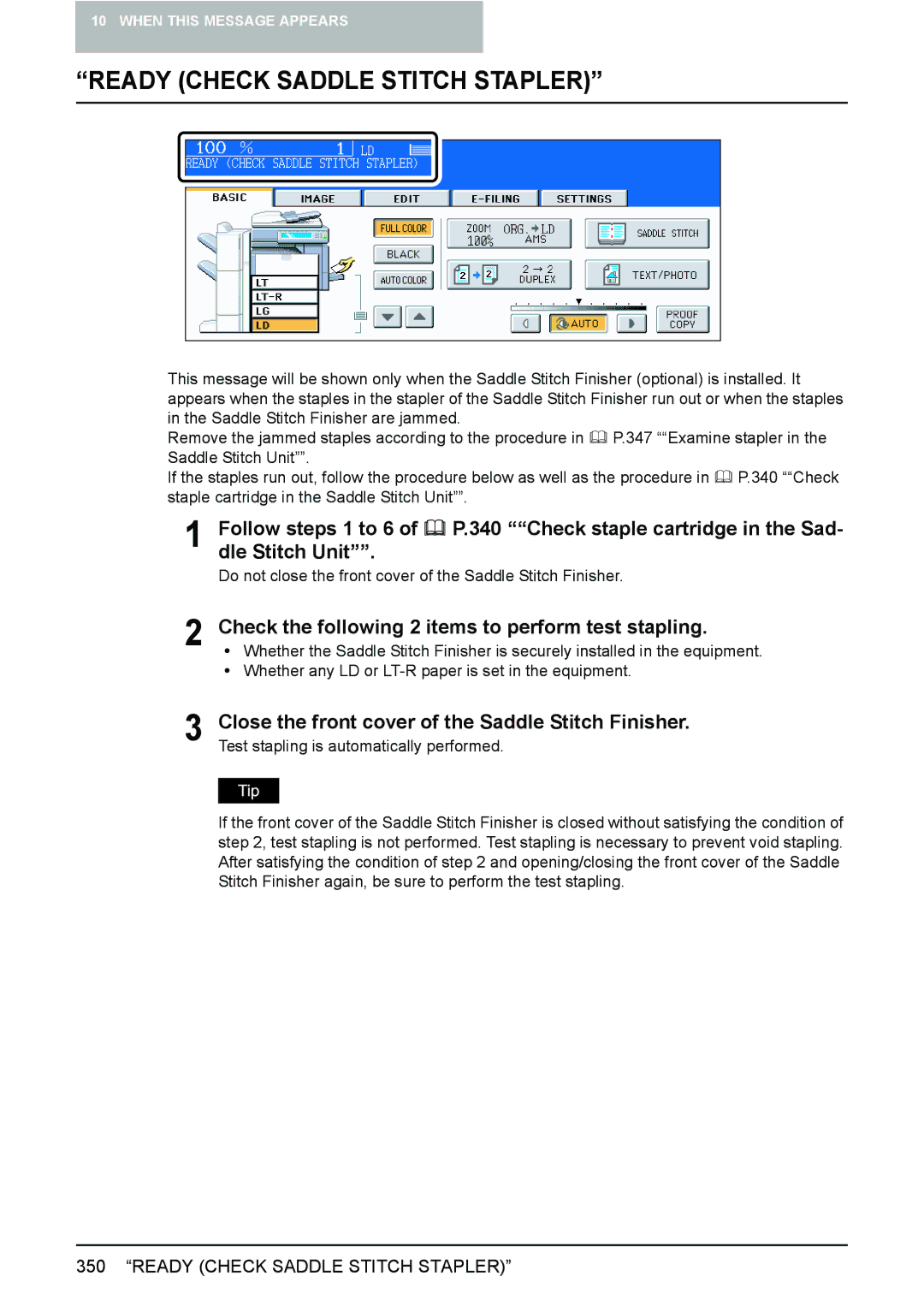 Toshiba 3510C manual Ready Check Saddle Stitch Stapler, Follow steps 1 to 6, Dle Stitch Unit 