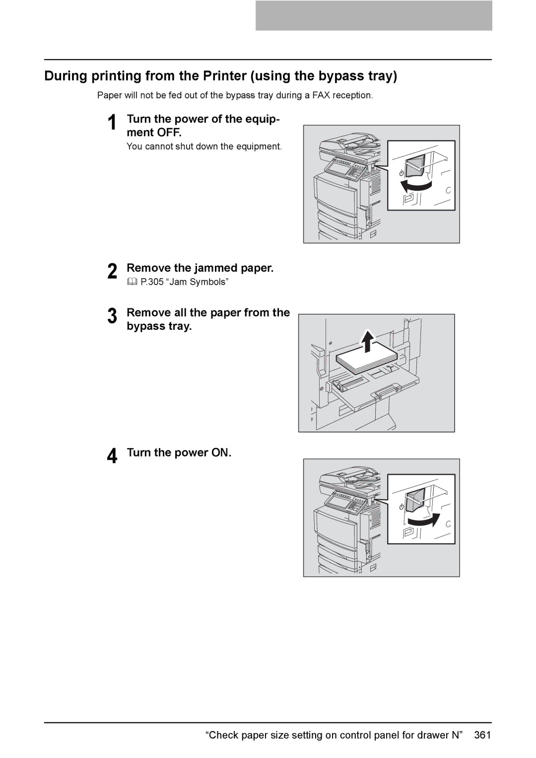 Toshiba 3510C manual Check paper size setting on control panel for drawer N 