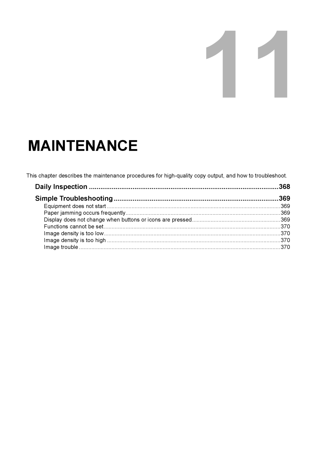 Toshiba 3510C manual Maintenance, Daily Inspection 368 Simple Troubleshooting 369 