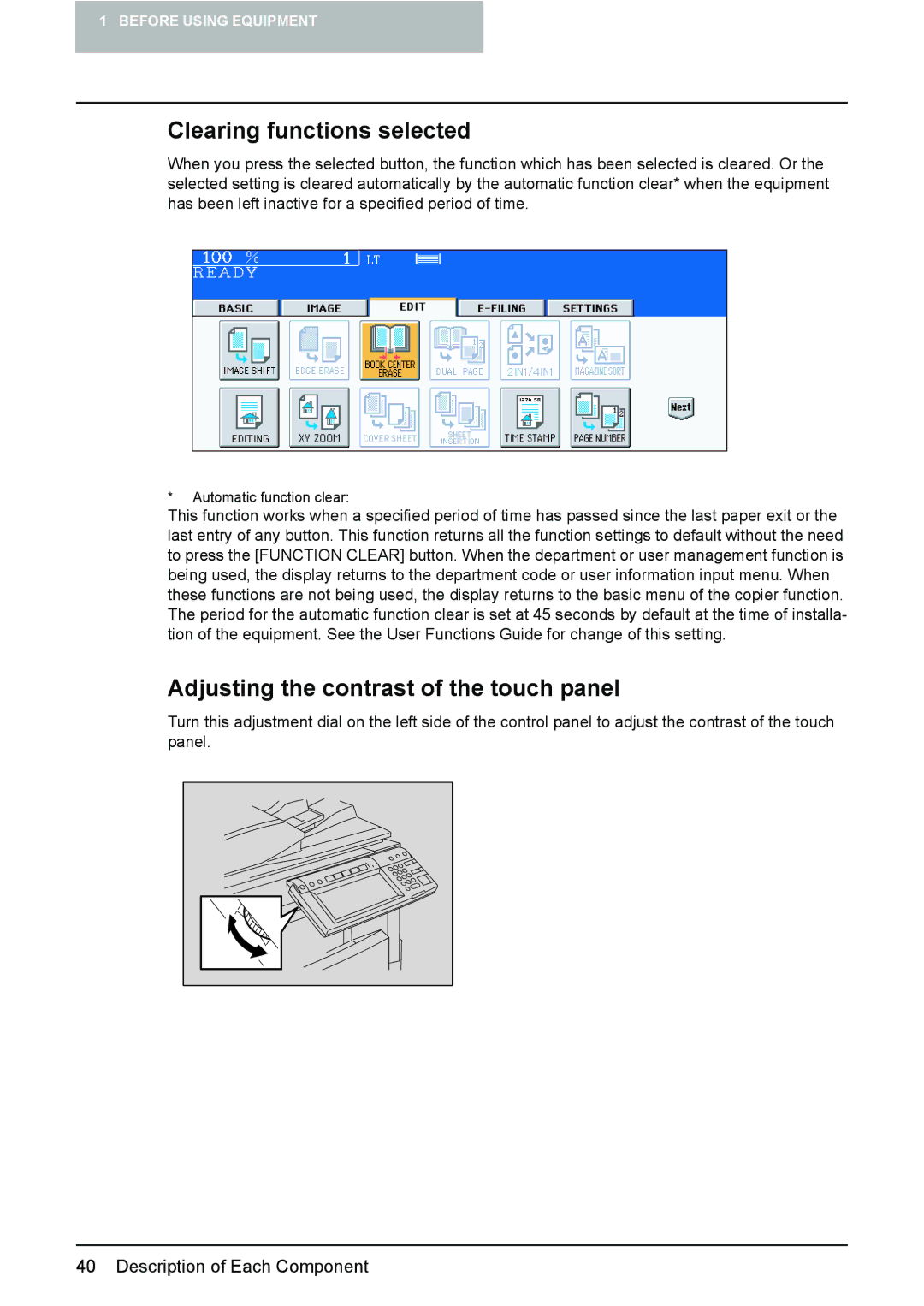 Toshiba 3510C manual Clearing functions selected, Adjusting the contrast of the touch panel 