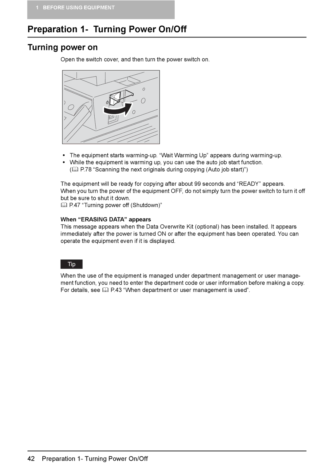 Toshiba 3510C manual Preparation 1- Turning Power On/Off, Turning power on, When Erasing Data appears 