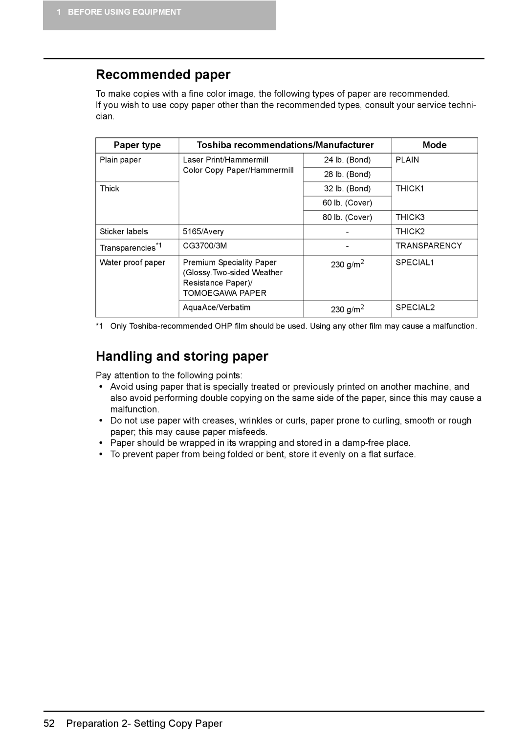 Toshiba 3510C manual Recommended paper, Handling and storing paper, Paper type Toshiba recommendations/Manufacturer Mode 