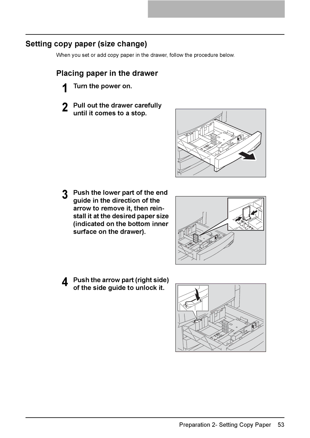 Toshiba 3510C manual Setting copy paper size change, Placing paper in the drawer, Side guide to unlock it 