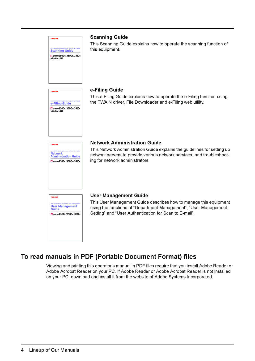 Toshiba 3510C manual Scanning Guide, Filing Guide, Network Administration Guide, User Management Guide 