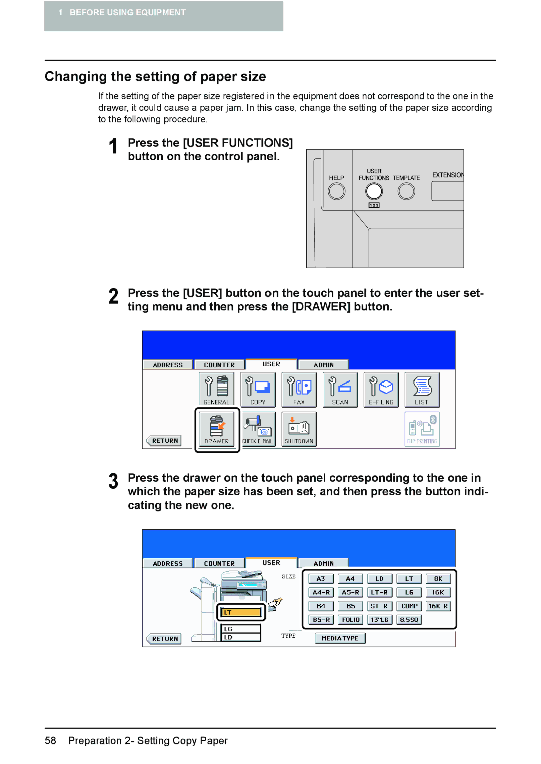 Toshiba 3510C manual Changing the setting of paper size 