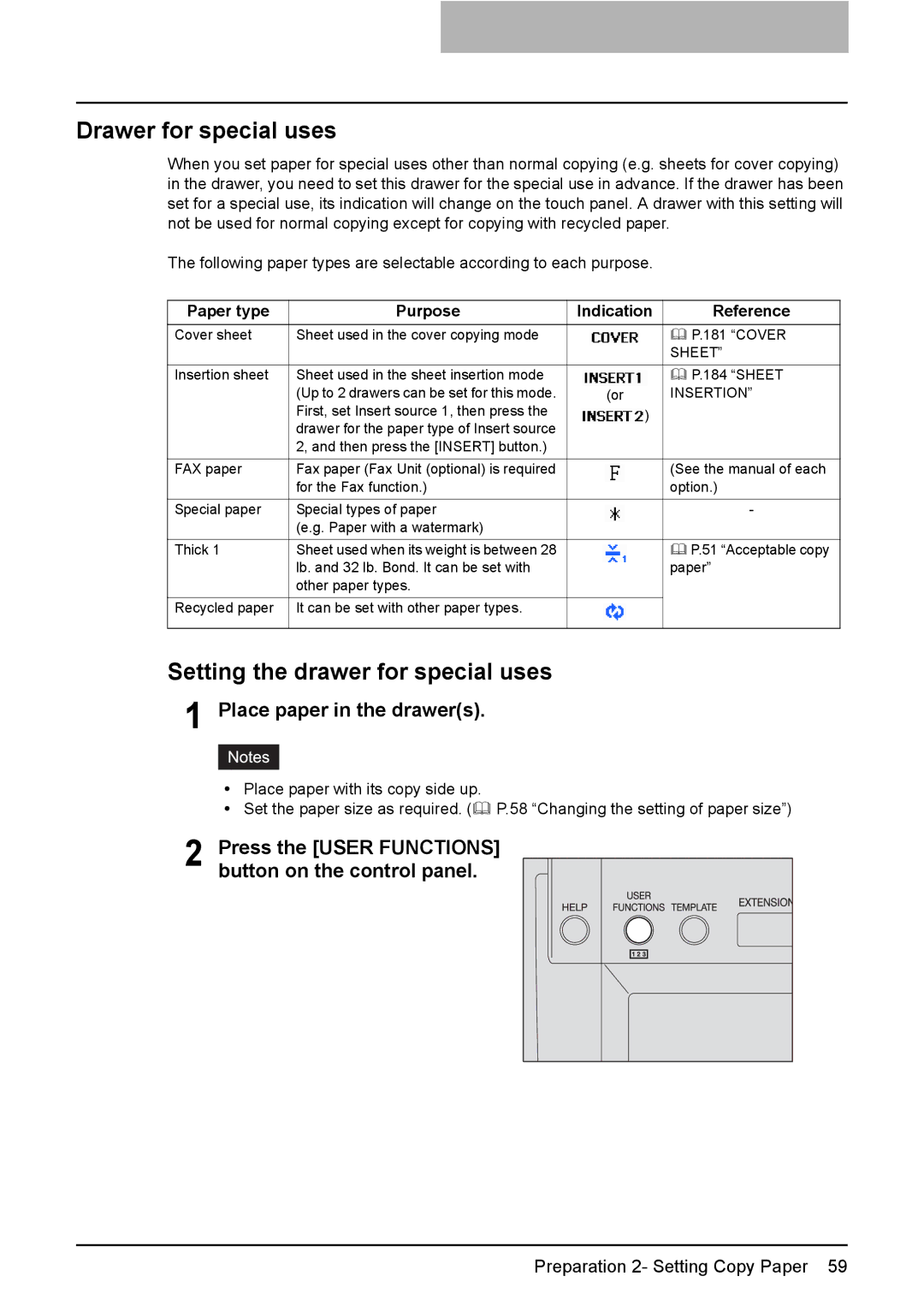 Toshiba 3510C manual Drawer for special uses, Setting the drawer for special uses, Paper type Purpose Indication Reference 