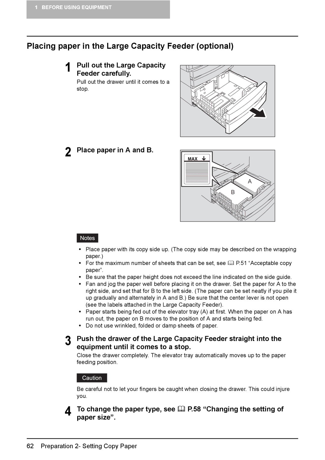 Toshiba 3510C manual Placing paper in the Large Capacity Feeder optional, Pull out the Large Capacity Feeder carefully 