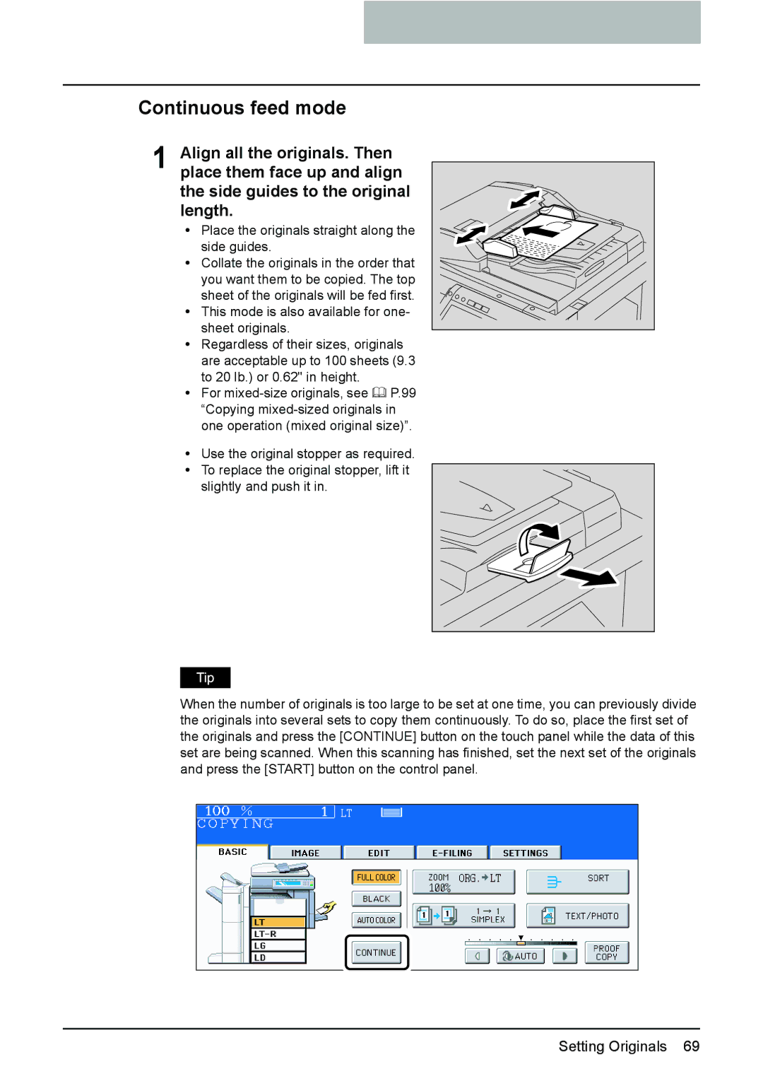 Toshiba 3510C manual Continuous feed mode, Place the originals straight along the side guides 