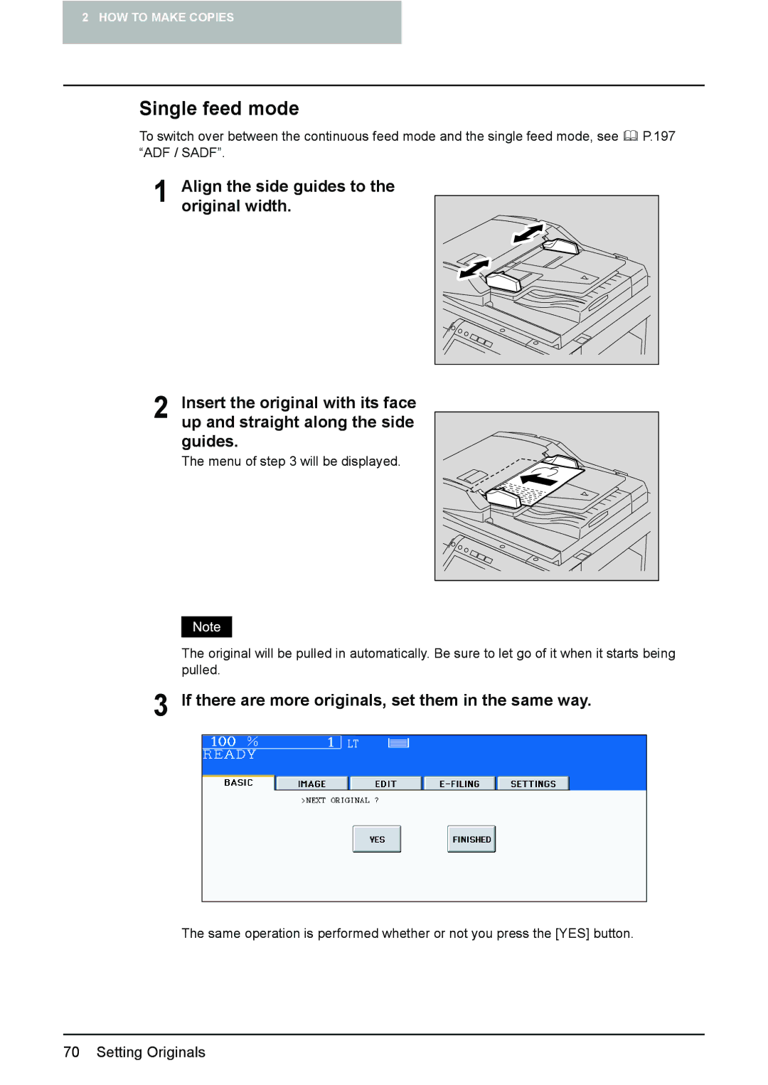 Toshiba 3510C manual Single feed mode, If there are more originals, set them in the same way 