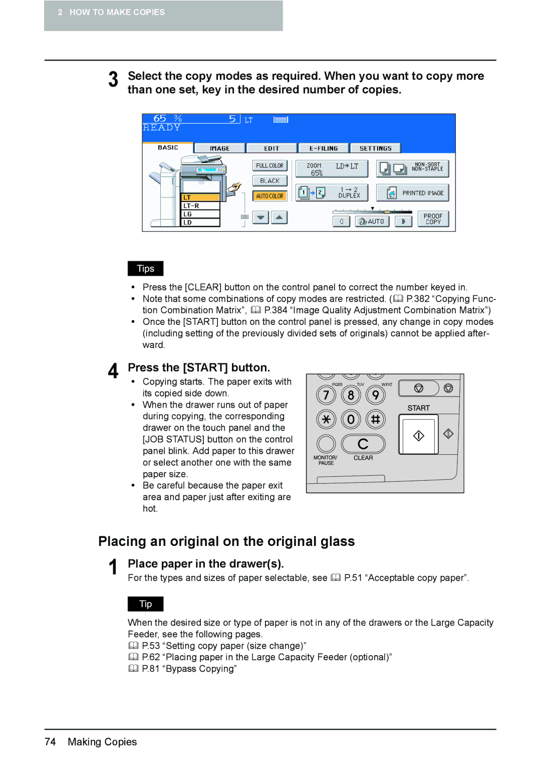 Toshiba 3510C manual Placing an original on the original glass, Press the Start button 