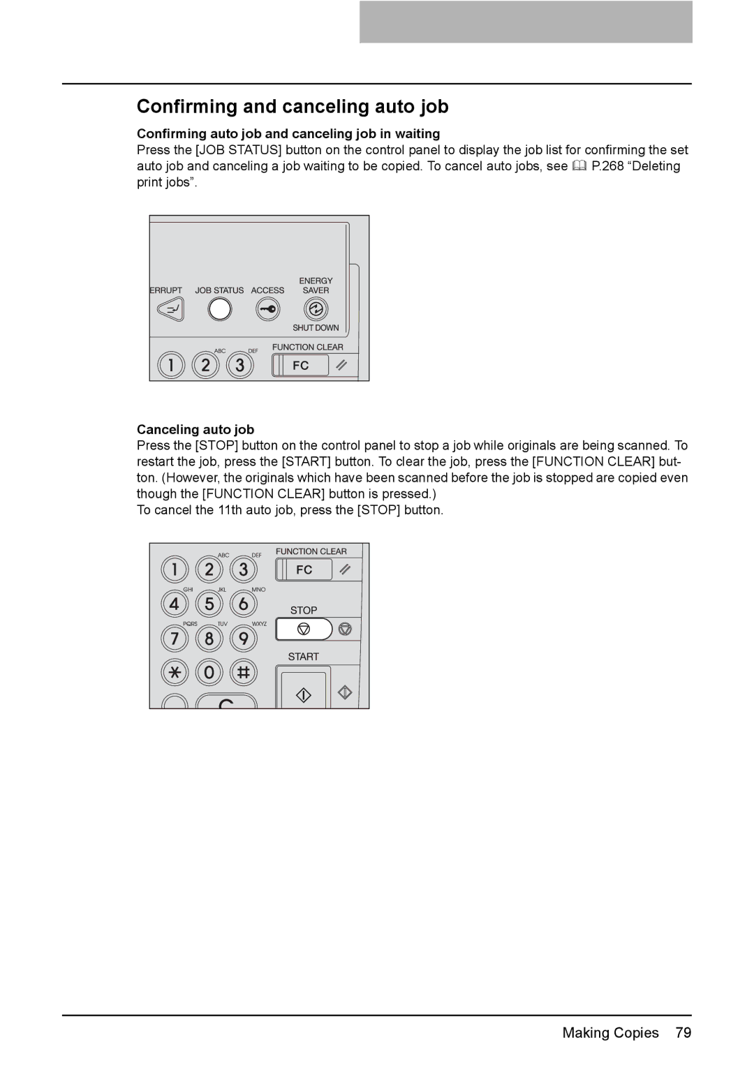 Toshiba 3510C Confirming and canceling auto job, Confirming auto job and canceling job in waiting, Canceling auto job 