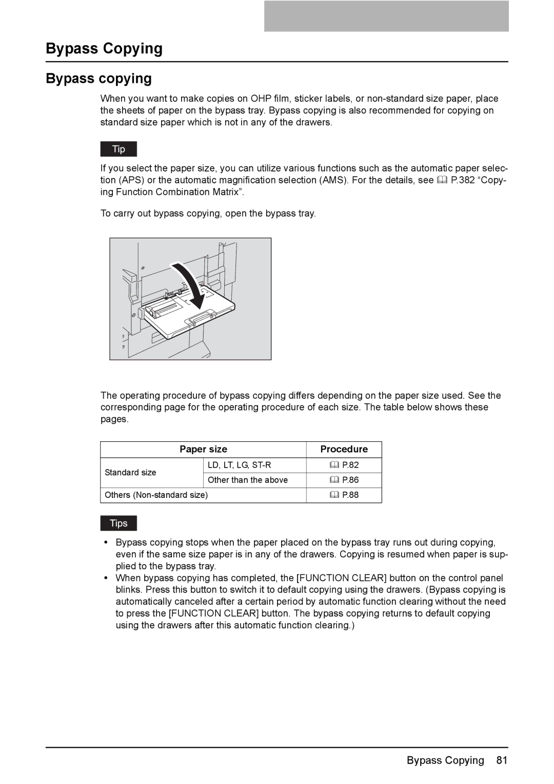 Toshiba 3510C manual Bypass Copying, Bypass copying, Paper size Procedure 