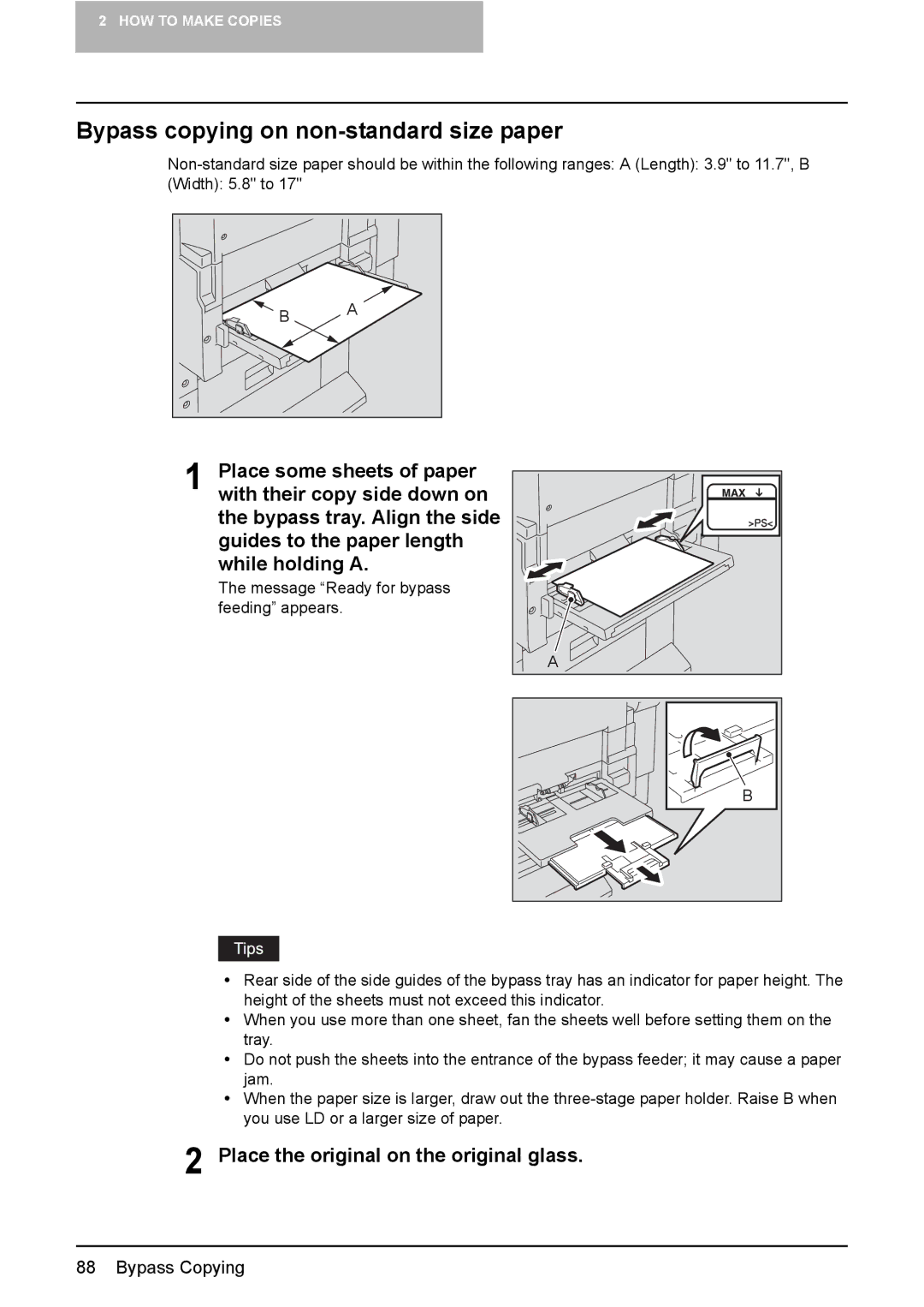 Toshiba 3510C manual Bypass copying on non-standard size paper, Place the original on the original glass 