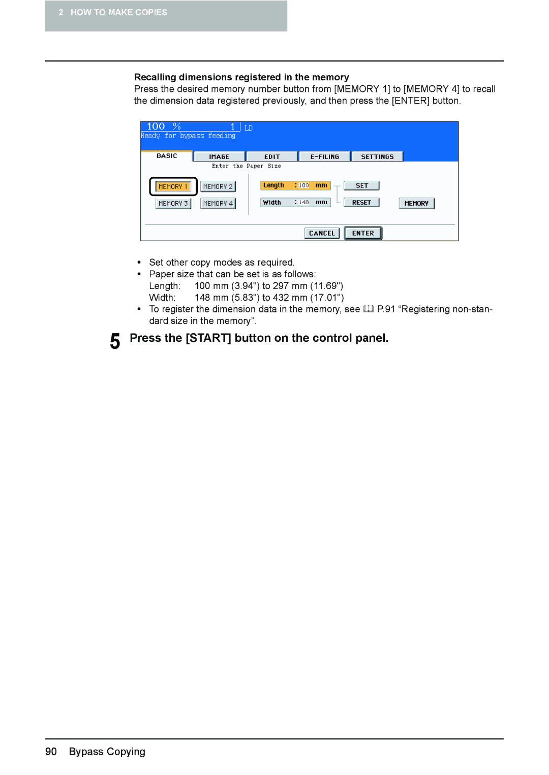 Toshiba 3510C manual Press the Start button on the control panel, Recalling dimensions registered in the memory 