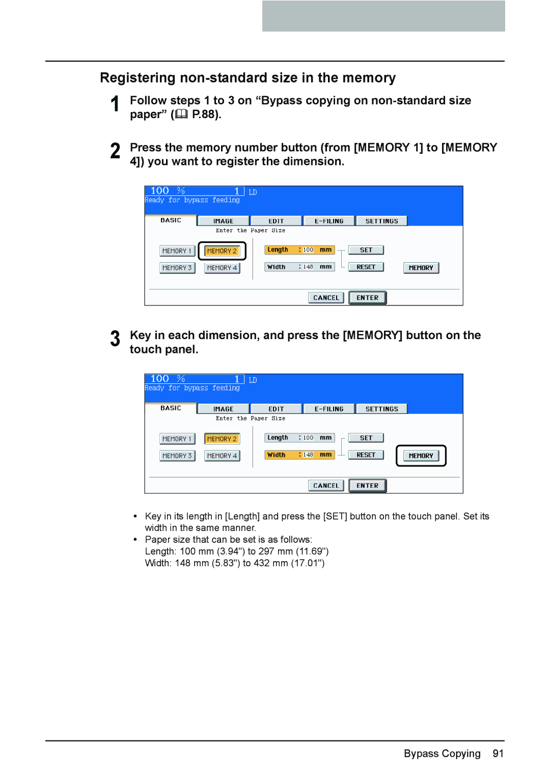 Toshiba 3510C manual Registering non-standard size in the memory 