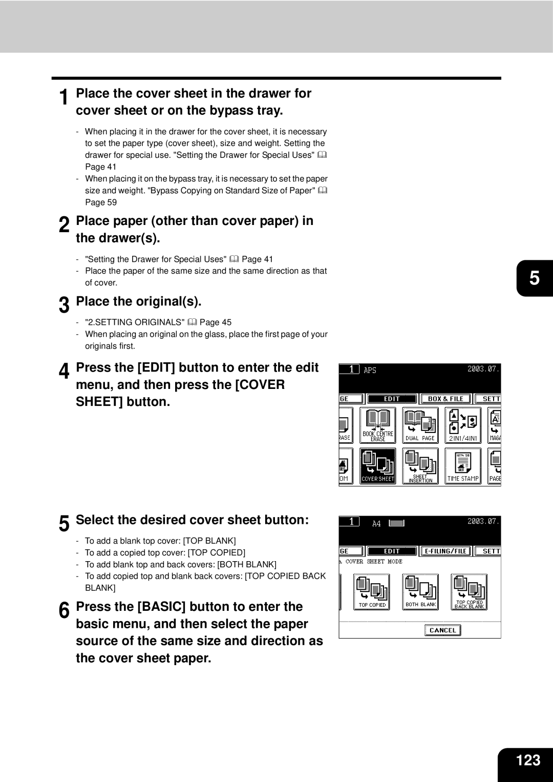 Toshiba e-STUDIO3511, 4511 manual 123, Place paper other than cover paper in the drawers 