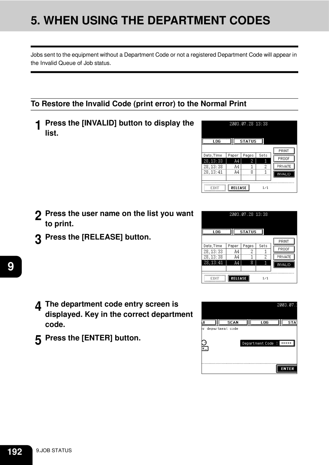 Toshiba e-STUDIO3511, 4511 manual When Using the Department Codes, 192 