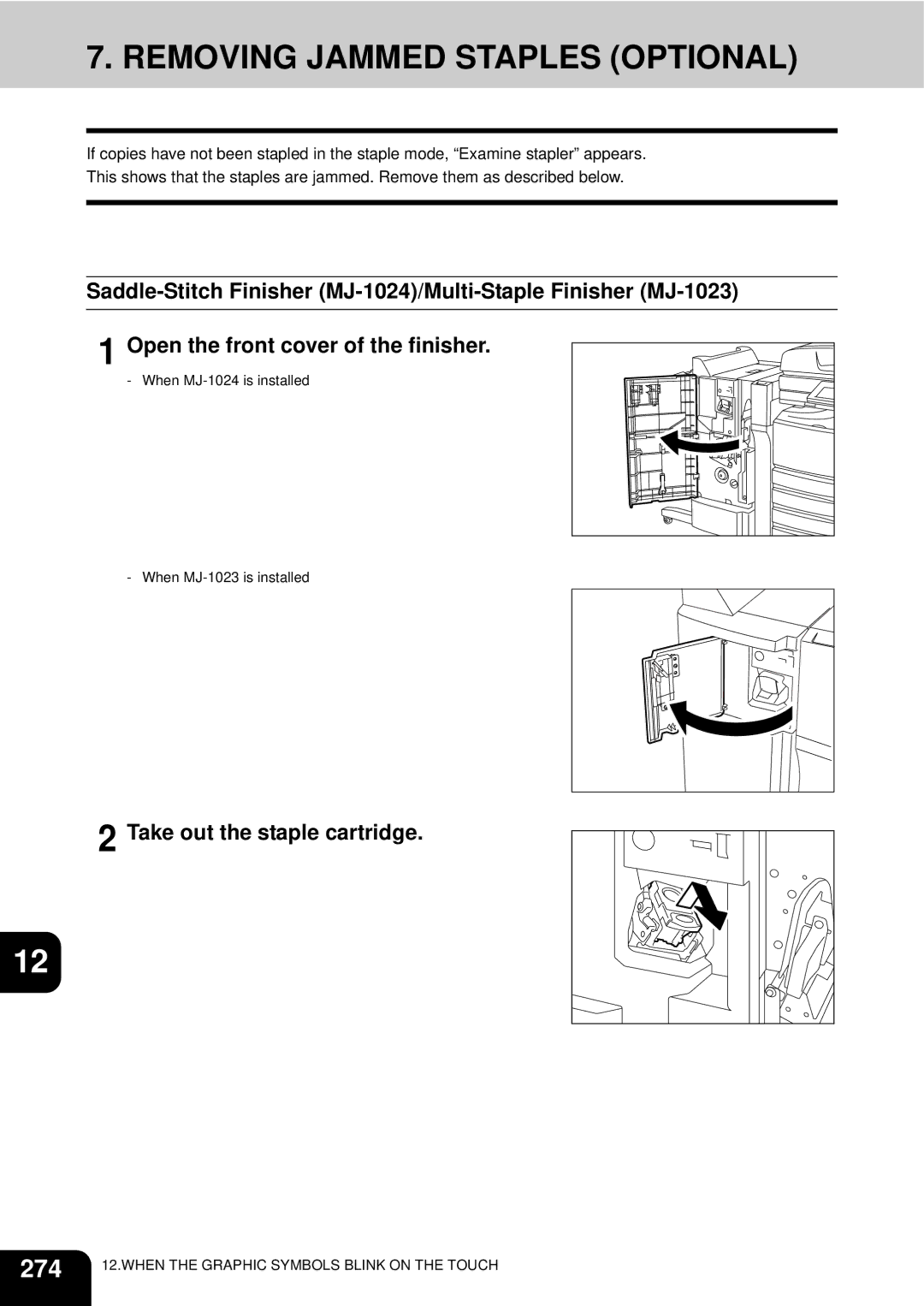 Toshiba 4511, e-STUDIO3511 manual Removing Jammed Staples Optional, 274 