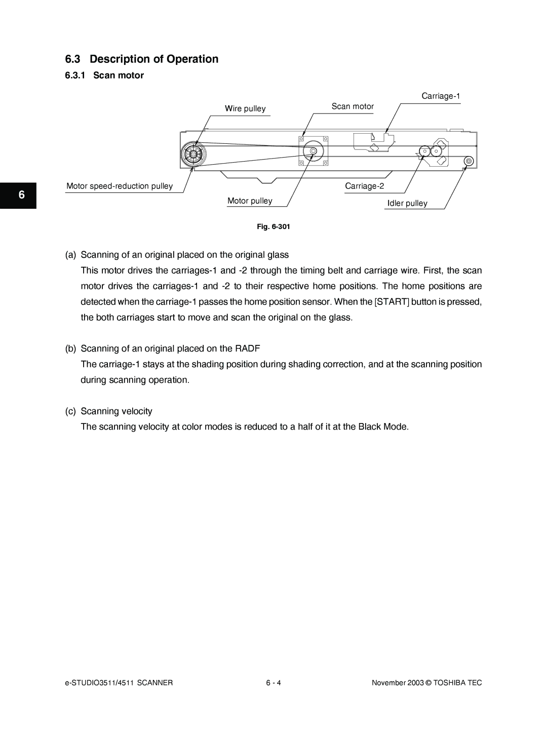 Toshiba 3511, 4511 manual Description of Operation, Scan motor 