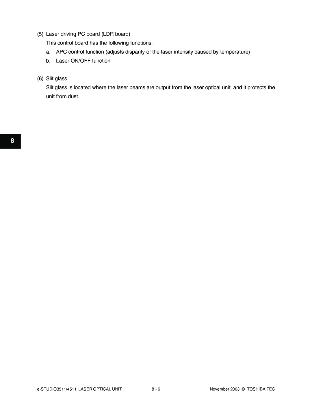Toshiba manual STUDIO3511/4511 Laser Optical Unit November 2003 Toshiba TEC 